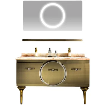 Легкий Роскошный шкаф для ванной комнаты из нержавеющей стали, Комбинированный Умывальник для ванной комнаты на вилле, Элегантное Зеркало, Простая Двойная раковина, Мрамор