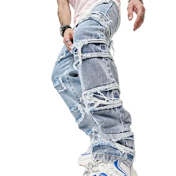 Мужские рваные джинсы, потертые, уничтоженные, обычного покроя джинсовые брюки Y2k, уличная одежда