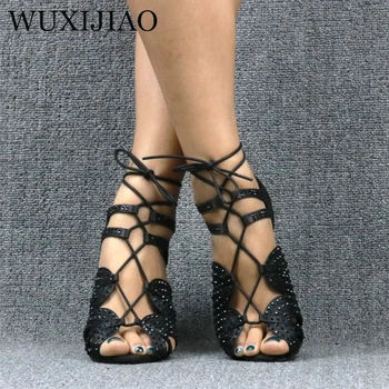 WUXIJIAO/ ботильоны на шнуровке, обувь для латинских танцев, женские удобные туфли для сальсы на высоком каблуке, вечерние сандалии