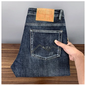 2023, Высококачественные Мужские джинсы-стрейч, Осенние Новые Ретро Синие Черные Стрейчевые хлопковые Прямые Джинсовые брюки, Мужские Узкие брюки