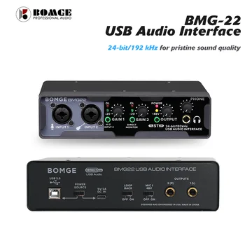 Аудиоинтерфейс BOMGE BMG22 2i2 Профессиональная звуковая карта 24 бит /192 кГц с обратной связью, прямой мониторинг, Фантомное питание 48 В Hi-Z