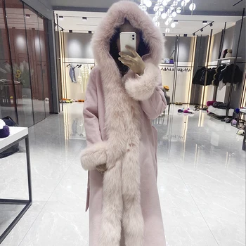 Новые Женские пальто, Зимнее кашемировое шерстяное пальто с меховым капюшоном, Повседневный Модный Кардиган с отделкой из натурального меха, длинное пальто, Женский Корейский стиль