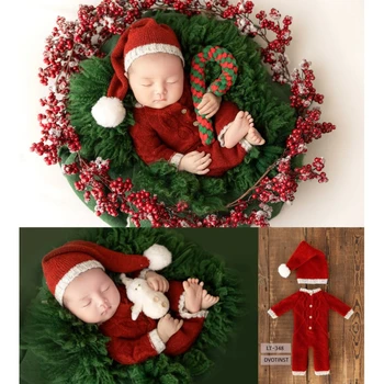 Реквизит для фотосъемки новорожденных, Рождественский набор, Шляпа, красная вязаная одежда, шерстяное одеяло, Кукольные украшения, реквизит для студийной съемки