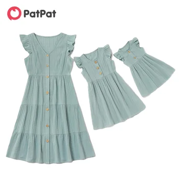 PatPat / Новое Поступление, Летние хлопковые Однотонные платья в тон с оборками, одинаковые комплекты для мамы и меня, одежда для мамы и детей