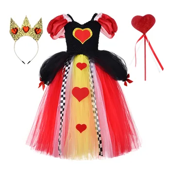 Хэллоуин Дети Алиса в Стране чудес Красный Персик Королева Платье Принцессы Персиковое сердце Королева Покера Для выступлений Газовое платье