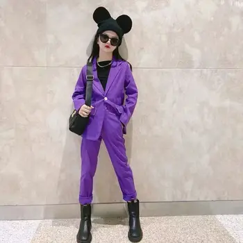 Фиолетовый костюм для девочек, Новая Корейская версия Модного индивидуального костюма для девочек, Детское платье для Подиума, Модный кардиган для девочек и