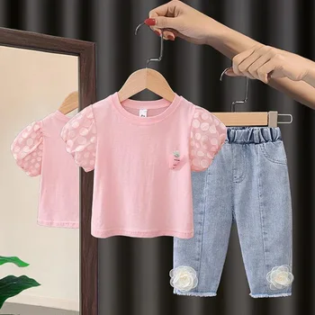 LZH 2023/ Детская одежда, Летний комплект одежды для девочек, Милая Повседневная футболка с рукавами-пузырями + Джинсы, Костюм из 2 предметов для девочек от 2 до 8 лет