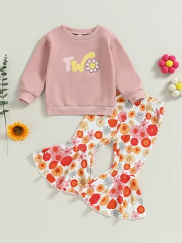 Комплекты одежды из 2 предметов для маленьких девочек, толстовка с длинными рукавами и принтом в виде сердца, леггинсы с цветочным принтом
