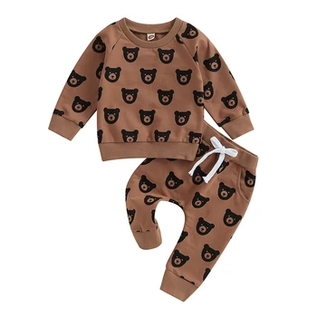 Осенняя одежда для маленьких мальчиков, толстовка с круглым вырезом и длинными рукавами и принтом медведя, топ со штанами, милый комплект одежды для новорожденных