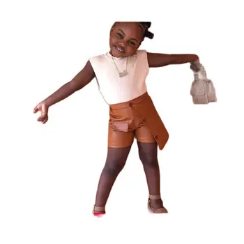 Детская одежда, Летний Модный Жилет без рукавов для девочек, Кожаные Брюки, Шорты, Костюм для 1-6 лет