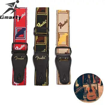 Модный красный/желтый/черный гитарный ремень С регулируемыми кожаными концами для электроакустической фолк-гитары, ремешок с вышивкой