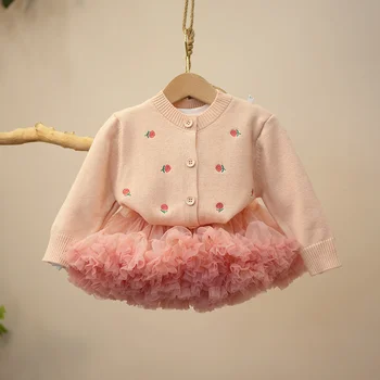 Комплект для девочек 2023 года, розовый кардиган + юбка, комплект из 2 предметов