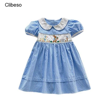 2023 Винтажное летнее платье для девочек младшего возраста, детские Хлопчатобумажные платья в синюю и белую клетку с вышивкой кролика, Детская испанская верхняя одежда