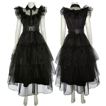 Платье для косплея Wednesday Addams для девочек, черный Детский костюм, Сетчатые вечерние платья для девочек, Карнавальные детские костюмы