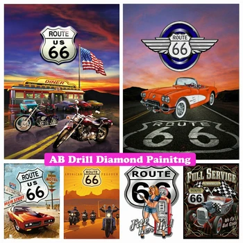 Route 66 Мотоцикл DIY AB Дрели Алмазная живопись Вышивка крестом Шоссе Америки Вышивка Мозаика Горный Хрусталь Хобби Домашний декор