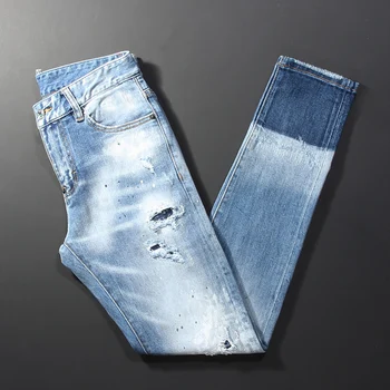 Уличная Мода Мужские Джинсы Ретро Светло-Голубые Эластичные Тонкие Рваные джинсы Мужские Окрашенные Дизайнерские Брендовые Джинсовые брюки в стиле хип-хоп Hombre