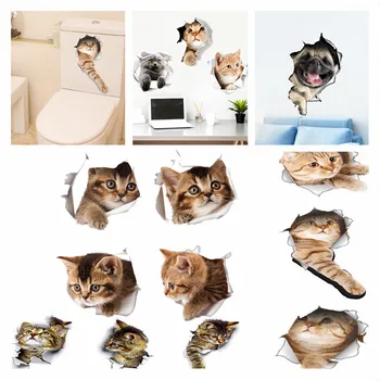 Кошка 3D Наклейка на стену С видом в отверстие Ванная Комната Туалет Гостиная Украшение Дома Наклейки Животные Искусство Обои Плакат