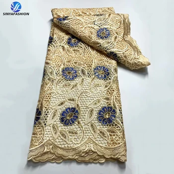 Высококачественная гипюровая кружевная ткань с золотыми блестками, Нигерийские Водорастворимые кружевные платья с цветочным узором, Роскошные