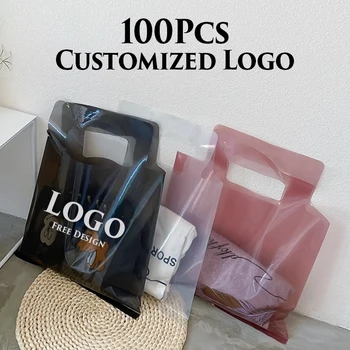 100 шт., прозрачные пластиковые пакеты с логотипом по индивидуальному заказу, сумки для свадебной вечеринки, сумки для одежды/обуви, Подарочные упаковочные пакеты, деловая сумка