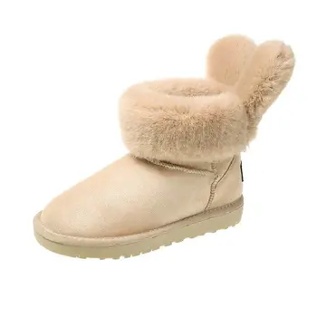 Мягкие зимние ботинки с милыми заячьими ушками для женщин, новинка зимы 2022 года, стильная нескользящая верхняя одежда, плюшевая термообувь на толстой подошве, обувь для хлеба