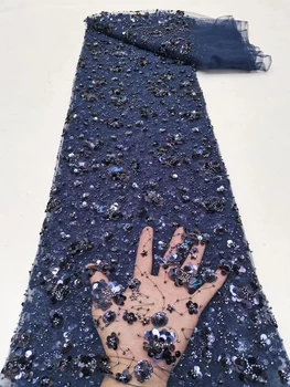 Темно-Синяя 3D Кружевная Ткань С Блестками Из Французского Тюля 2023, Высококачественная Африканская Нигерийская Сетчатая Кружевная Ткань Для Свадебного Платья LR2333