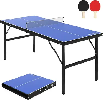 Стол для пинг-понга, Складной теннисный стол среднего размера с сеткой для помещений и улицы, Синий, 60x26x27,5 дюйма