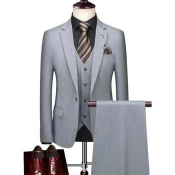 Куртка + Брюки + Жилет, комплект из 3 предметов, Модное Мужское Повседневное Бутик-деловое платье, Свадебный костюм Жениха, пальто, Блейзеры, Брюки, жилет