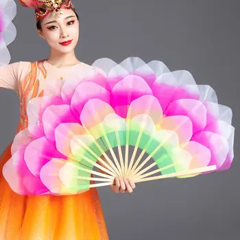 Веер с цветком пиона для сценического представления Ручной веер с двусторонними большими лепестками цветов, сложенный веером, реквизит для танцевального представления из бамбука