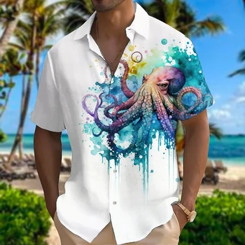 Новая Мужская Гавайская Рубашка, Летняя Рубашка с Лацканами и 3D Животным Рисунком, Топы с короткими рукавами, Уличная Мода, Рубашка Большого Размера, Мужская Одежда