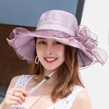 Женская летняя новая стильная солнцезащитная шляпа из органзы с широкими полями, складная солнцезащитная пляжная шляпа, цветочный сетчатый цилиндр