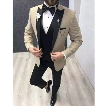 Бежевые приталенные мужские костюмы для Свадьбы, черный Смокинг Жениха с отворотом, Официальный мужской модный Пиджак с черными брюками, жилет