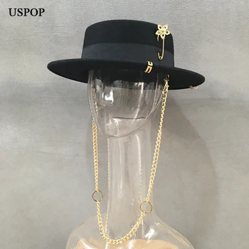 USPOP/ новые женские фетровые шерстяные шапки, модные фетровые шляпы с цепочкой, женские зимние теплые шапки