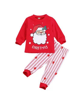 Комплект детских Хлопчатобумажных Рождественских пижам из 2 предметов, Повседневный Пуловер с Круглым вырезом и длинными рукавами и Принтом Лося Санта-Клауса, Полосатая Звезда
