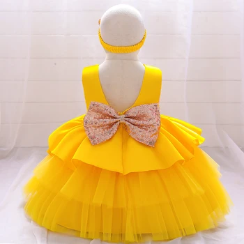 Желтые платья с бантом и блестками для маленьких девочек На День рождения Для девочки, Платье для Крещения, Детское Рождественское праздничное платье, одежда для малышей