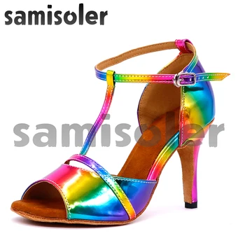 Samisoler/ обувь для латиноамериканских танцев, радужные цвета, яркие женские туфли для сальсы из искусственной кожи, элегантные туфли для бальных танцев, мягкие туфли для танго на каблуке