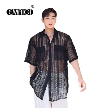 Мужская Летняя рубашка Знаменитостей с коротким рукавом, Дышащая кружевная рубашка с полой сеткой, Корейская уличная одежда, модные винтажные рубашки для мужчин