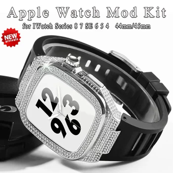 Роскошный Комплект Модификации корпуса с Бриллиантами для Apple Watch 8 7 45 мм Металлический Корпус из Нержавеющей Стали Ремешок Безель для Iwatch 7 6 SE 5 4 44 мм