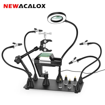 Магнитный держатель печатной платы NEWACALOX, вращающийся на 360 °, Руки помощи при пайке, Рамка для пистолета горячего воздуха, 3X Светодиодная сварочная лампа-Лупа