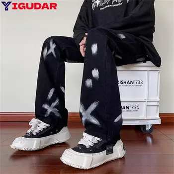 Модные мужские джинсы Younth 2022, осенне-зимние жаккардовые джинсы с принтом, Мужские свободные прямые широкие брюки средней длины, мужская одежда