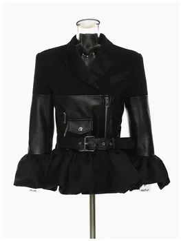 ХАЙ-СТРИТ, новая мода 2023, дизайнерская куртка, женская мотоциклетная куртка в стиле пэчворк с оборками
