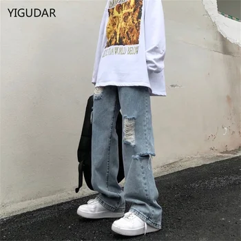 Корейская версия ins в стиле хип-хоп, хай-стрит, хипстеры, потертые старые рваные прямые джинсы, мужские повседневные дикие свободные широкие брюки